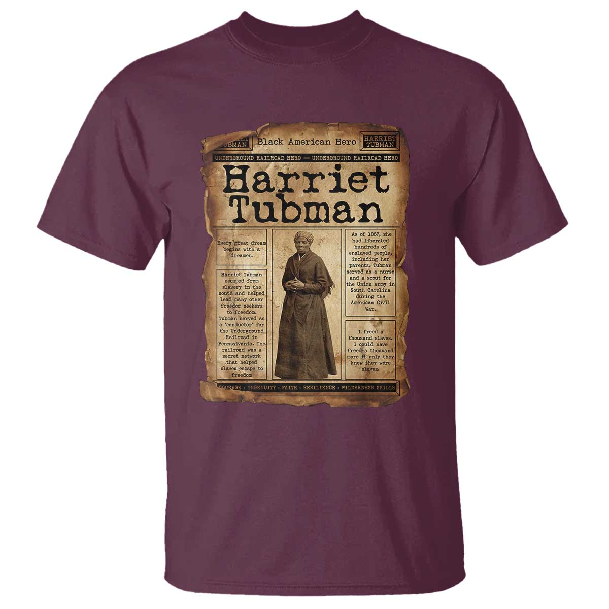 Harriet Tubman Newspaper T Shirt Strong Black Woman Leader Gift TS12 Maroon Print Your Wear