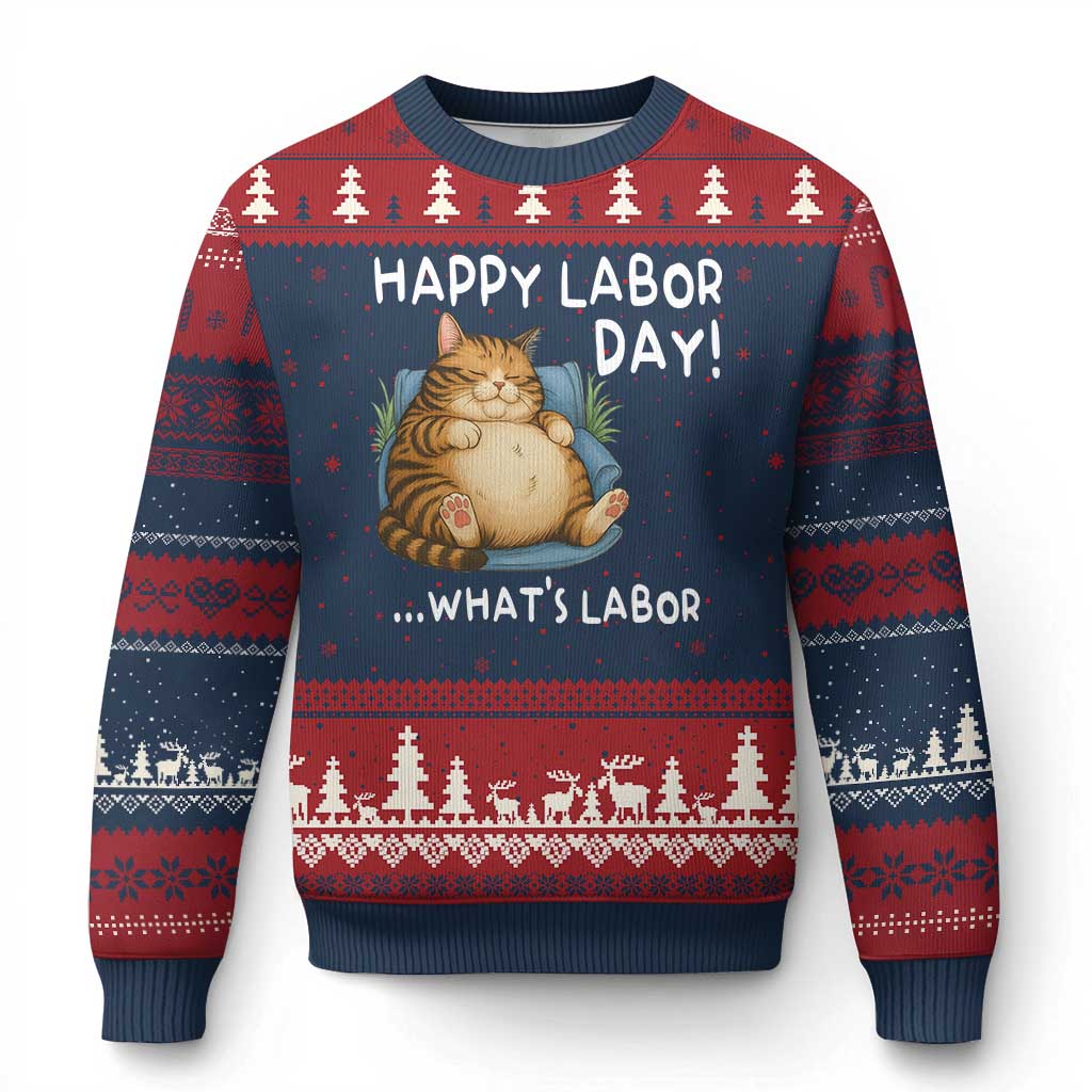 Funny Fat Cat Resting Lazy Cat Ugly Christmas Sweater Happy Labor Day Whats Labor TS12 Navy Red Print Your Wear
