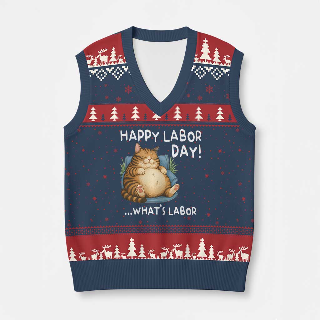 Funny Fat Cat Resting Lazy Cat V-Neck Knit Sweater Vest Happy Labor Day Whats Labor TS12 Navy Red Print Your Wear