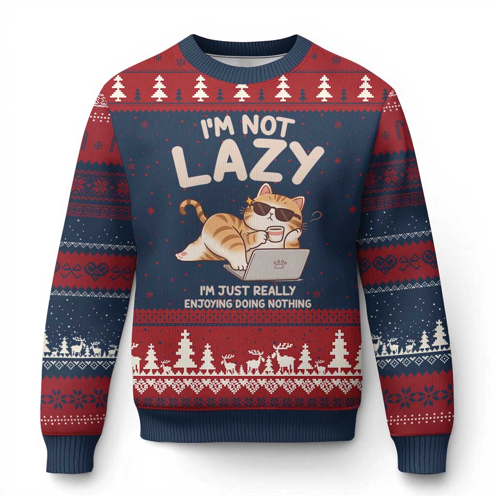 Funny Lazy Cat Ugly Christmas Sweater I'm Not Lazy I'm Just Really Enjoying Doing Nothing TS12 Navy Red Print Your Wear