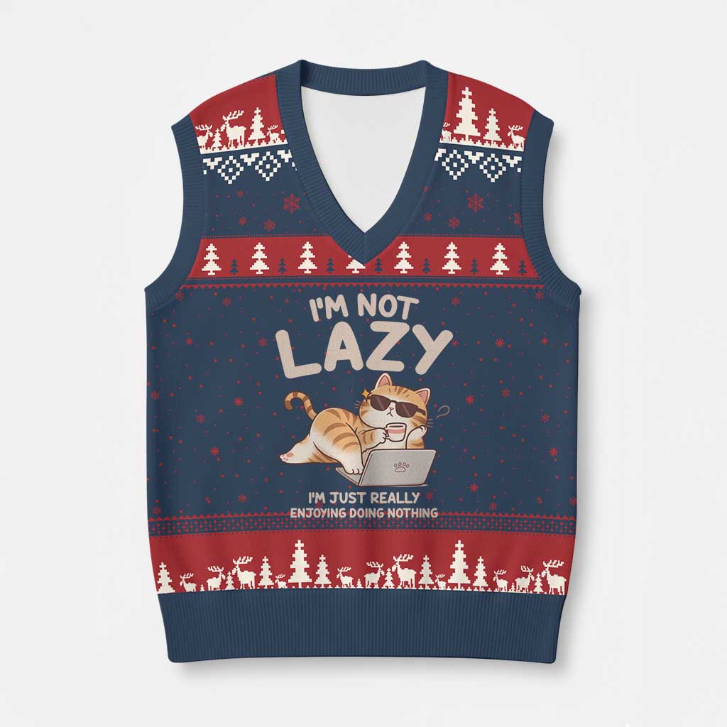 Funny Lazy Cat V-Neck Knit Sweater Vest I'm Not Lazy I'm Just Really Enjoying Doing Nothing TS12 Navy Red Print Your Wear
