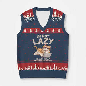 Funny Lazy Cat V-Neck Knit Sweater Vest I'm Not Lazy I'm Just Really Enjoying Doing Nothing TS12 Navy Red Print Your Wear