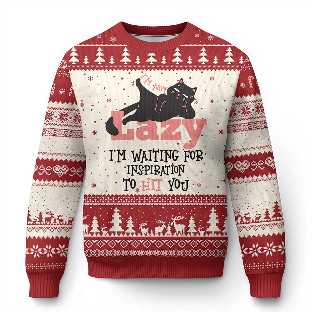 I Am Not Lazy I Am Waiting For Inspiration To Hit You Ugly Christmas Sweater Black Lazy Cat TS12 Beige Red Print Your Wear