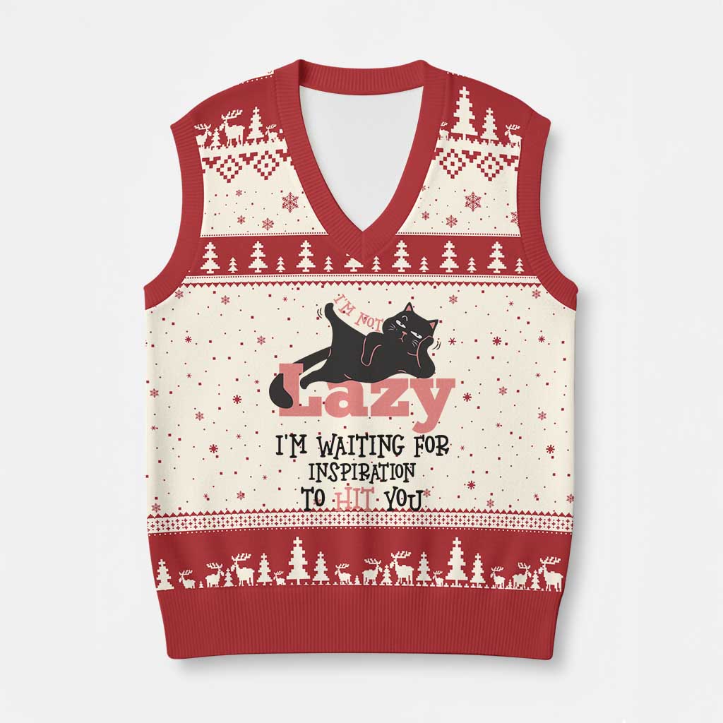 I Am Not Lazy I Am Waiting For Inspiration To Hit You V-Neck Knit Sweater Vest Black Lazy Cat TS12 Beige Red Print Your Wear