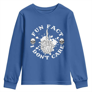 Dark Humor Skeleton Fun Fact I Do Not Care Vibe Youth Sweatshirt TS12 Royal Blue Print Your Wear