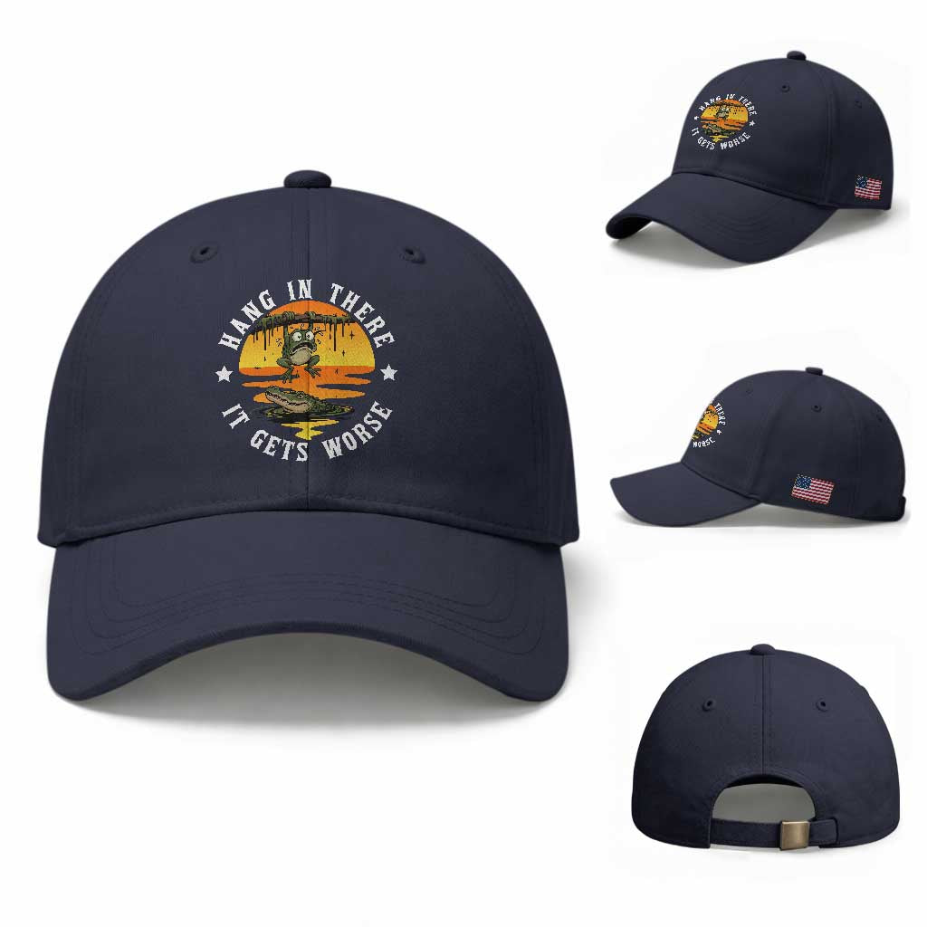 Hang In There It Gets Worse Baseball Cap Funny Frog TS12 Baseball Cap Universal Fit Navy Print Your Wear