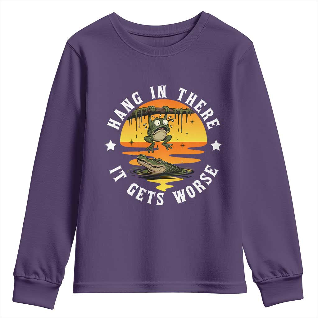 Hang In There It Gets Worse Youth Sweatshirt Funny Frog TS12 Purple Print Your Wear