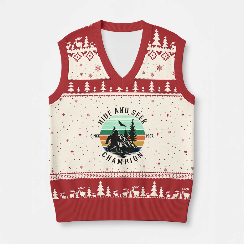 Hide And Seek Champion V-Neck Knit Sweater Vest Bigfoot Lover Gift TS12 Beige Red Print Your Wear