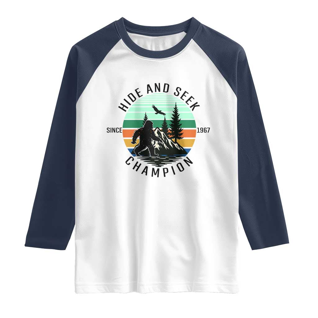 Hide And Seek Champion Raglan Shirt Bigfoot Lover Gift TS12 White Navy Print Your Wear