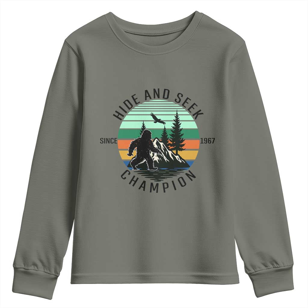 Hide And Seek Champion Youth Sweatshirt Bigfoot Lover Gift TS12 Military Green Print Your Wear
