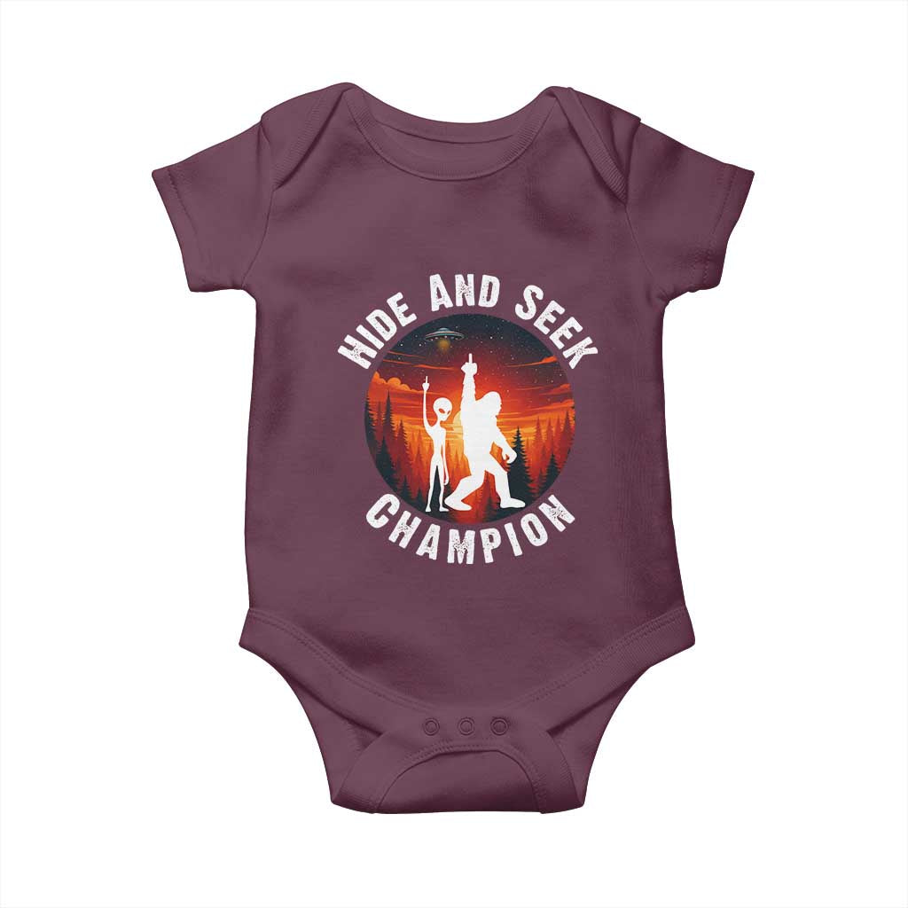 Hide And Seek Champion Baby Onesie Funny Bigfoot And Alien Lover Gift TS12 Maroon Print Your Wear