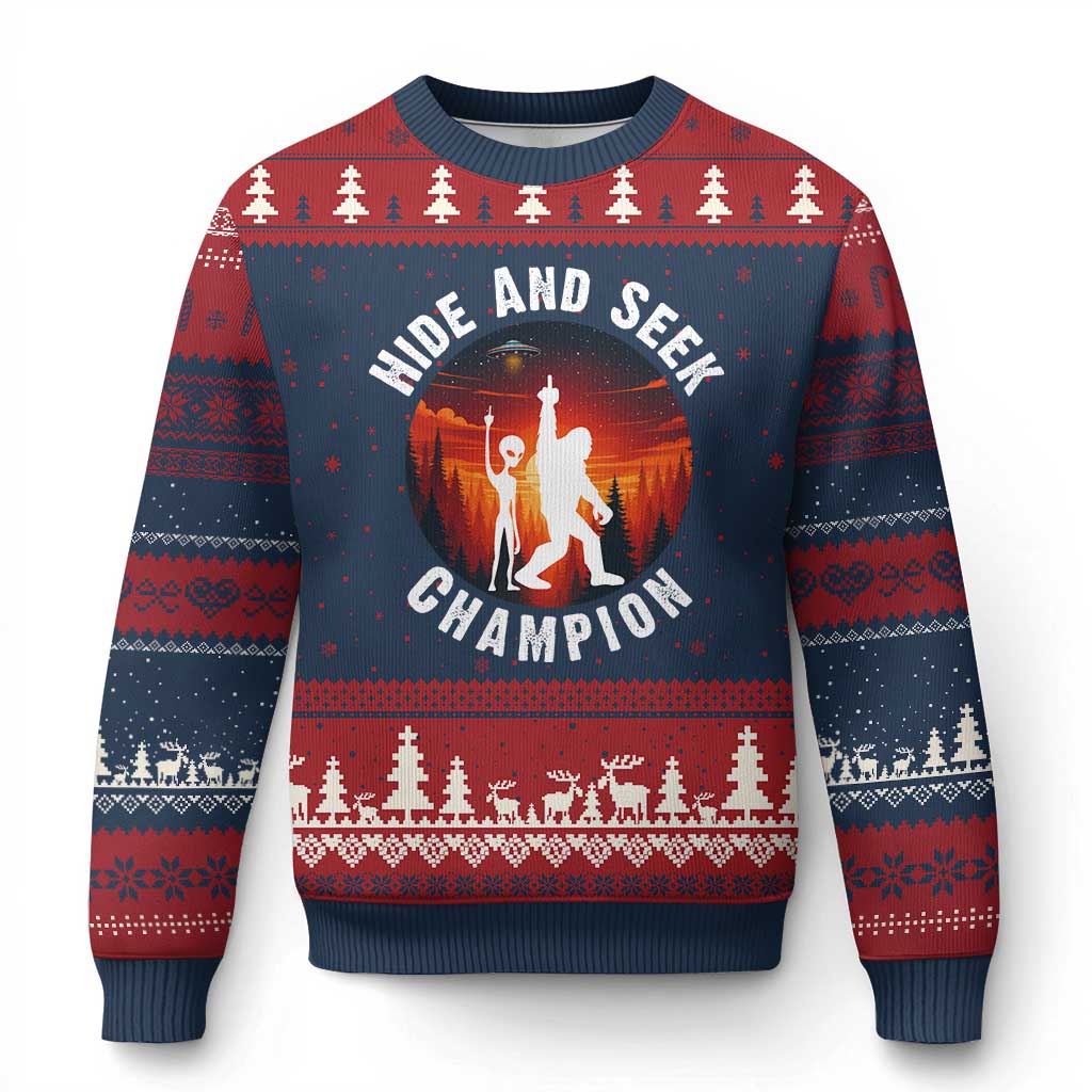 Hide And Seek Champion Ugly Christmas Sweater Funny Bigfoot And Alien Lover Gift TS12 Navy Red Print Your Wear