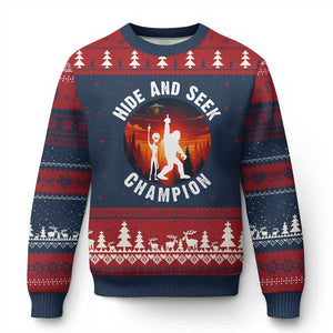 Hide And Seek Champion Ugly Christmas Sweater Funny Bigfoot And Alien Lover Gift TS12 Navy Red Print Your Wear