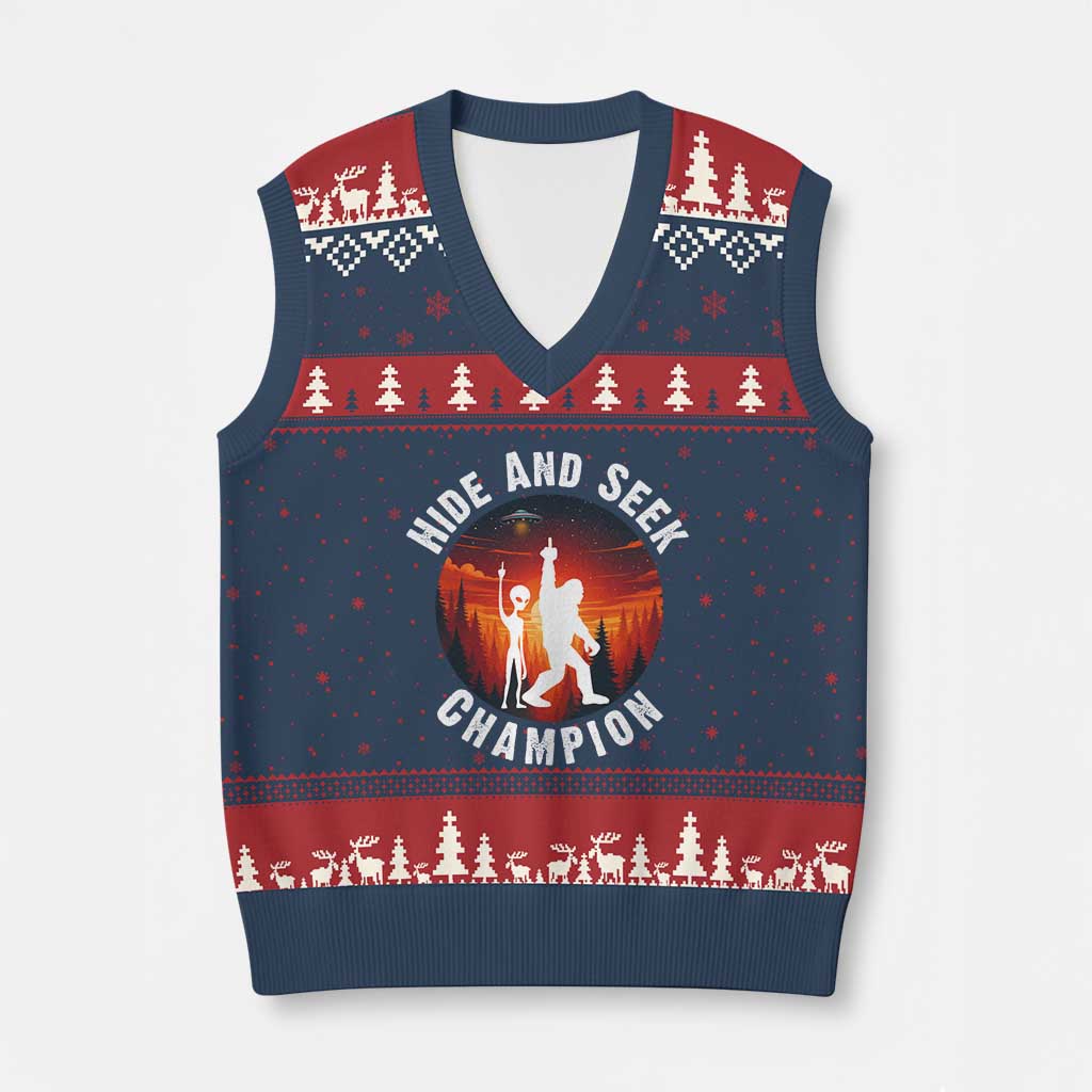 Hide And Seek Champion V-Neck Knit Sweater Vest Funny Bigfoot And Alien Lover Gift TS12 Navy Red Print Your Wear