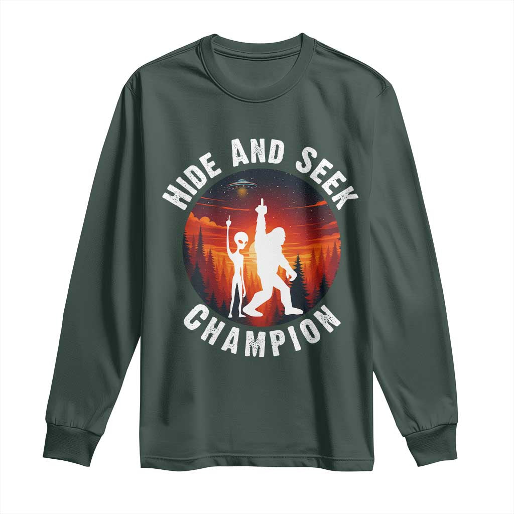 Hide And Seek Champion Long Sleeve Shirt Funny Bigfoot And Alien Lover Gift TS12 Dark Forest Green Print Your Wear