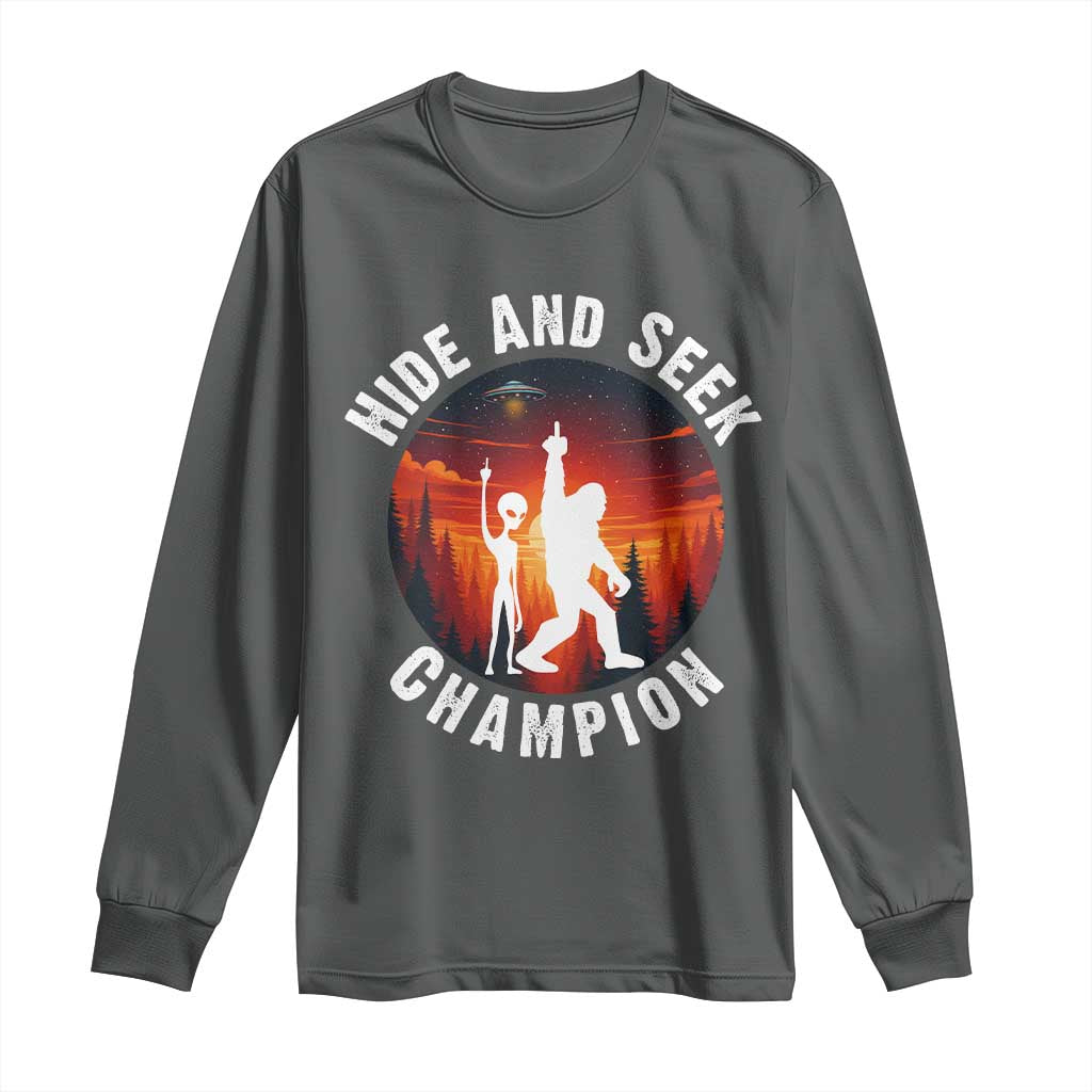 Hide And Seek Champion Long Sleeve Shirt Funny Bigfoot And Alien Lover Gift TS12 Dark Heather Print Your Wear