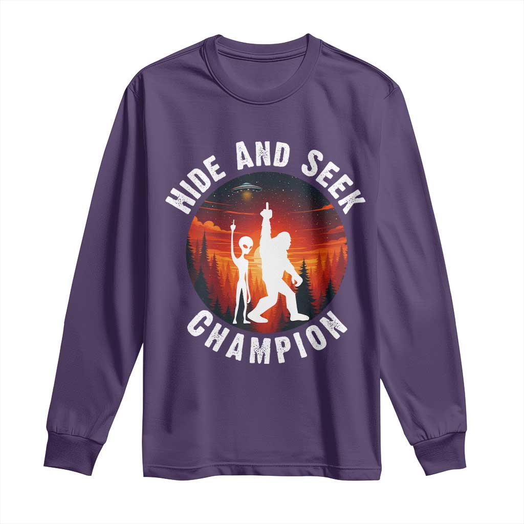 Hide And Seek Champion Long Sleeve Shirt Funny Bigfoot And Alien Lover Gift TS12 Purple Print Your Wear