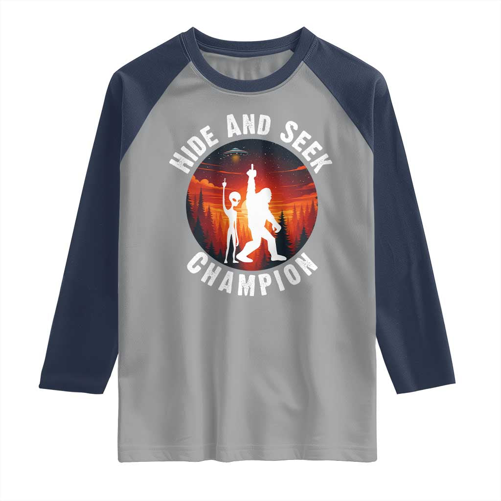Hide And Seek Champion Raglan Shirt Funny Bigfoot And Alien Lover Gift TS12 Sport Gray Navy Print Your Wear