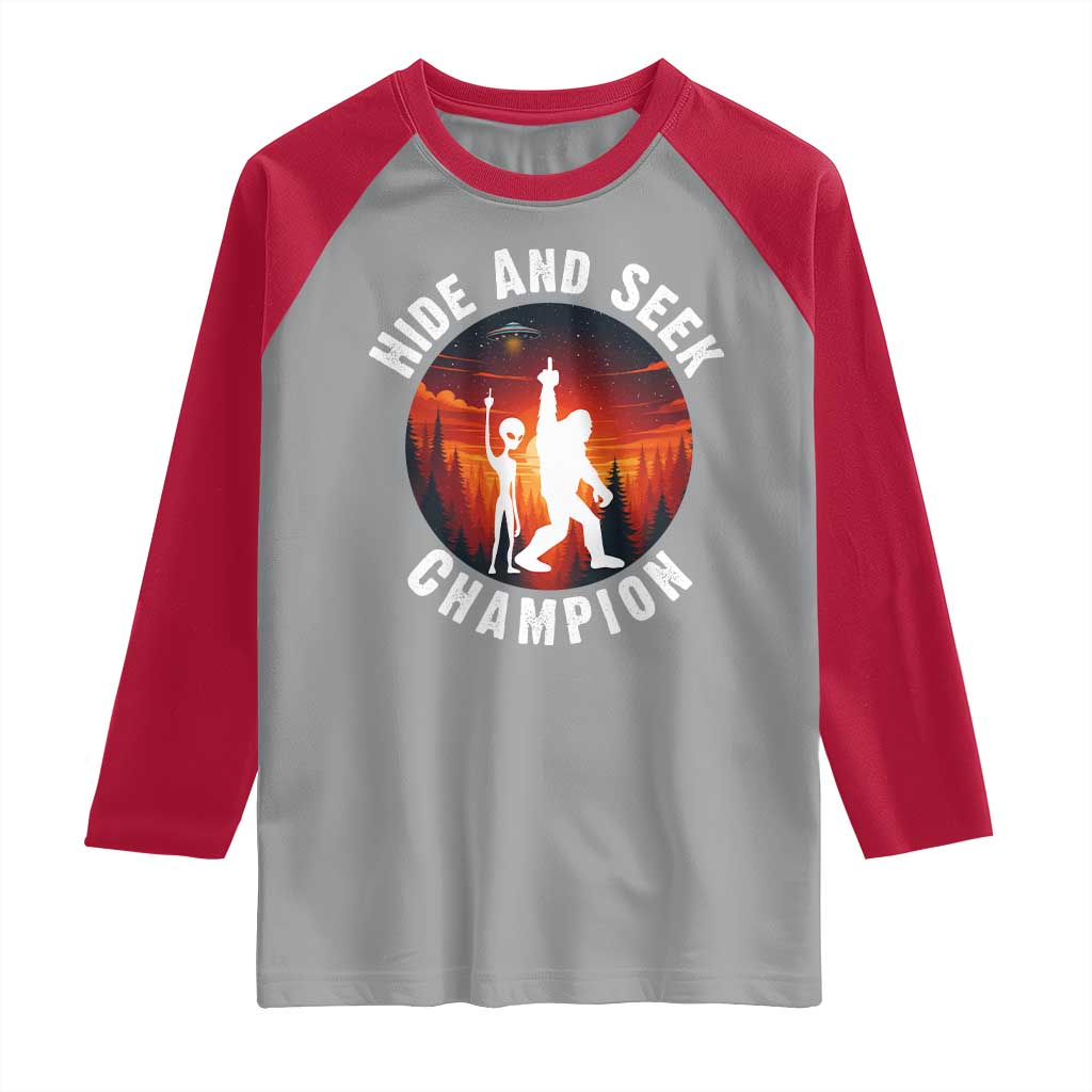 Hide And Seek Champion Raglan Shirt Funny Bigfoot And Alien Lover Gift TS12 Sport Gray Red Print Your Wear