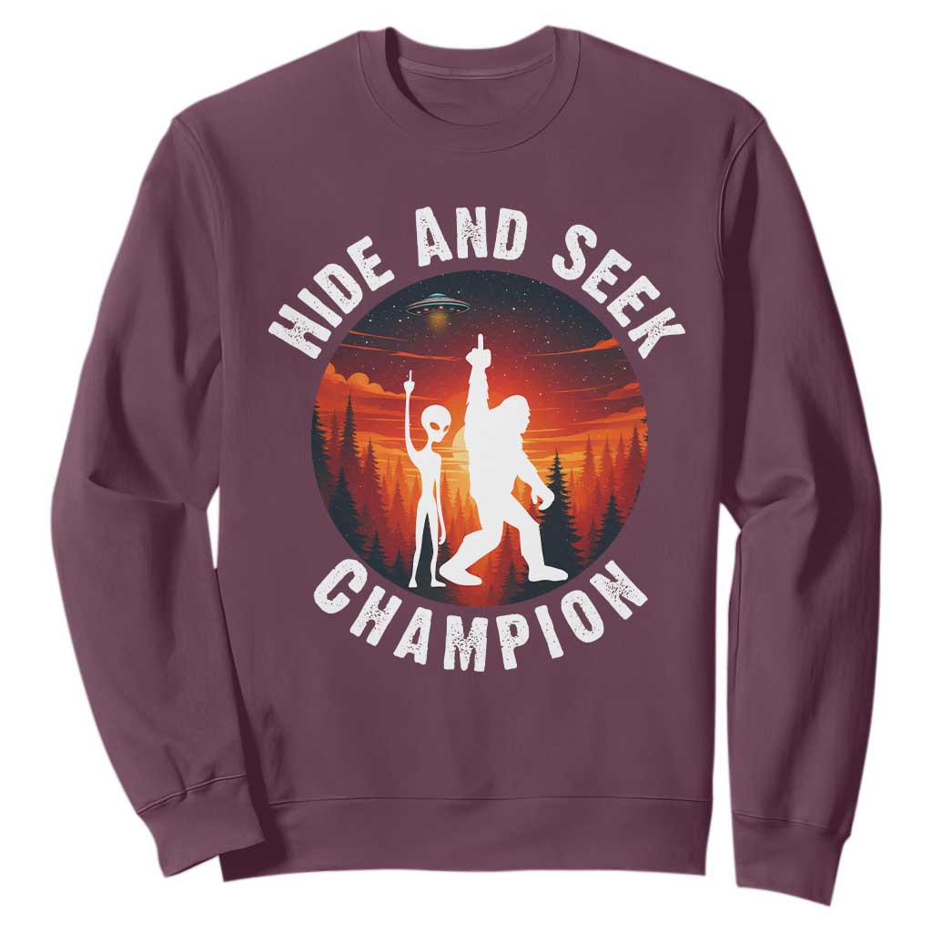 Hide And Seek Champion Sweatshirt Funny Bigfoot And Alien Lover Gift TS12 Maroon Print Your Wear