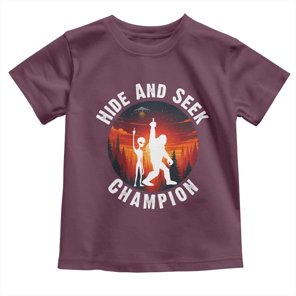 Hide And Seek Champion Toddler T Shirt Funny Bigfoot And Alien Lover Gift TS12 Maroon Print Your Wear