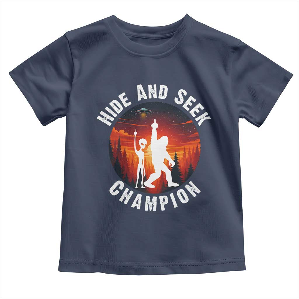Hide And Seek Champion Toddler T Shirt Funny Bigfoot And Alien Lover Gift TS12 Navy Print Your Wear