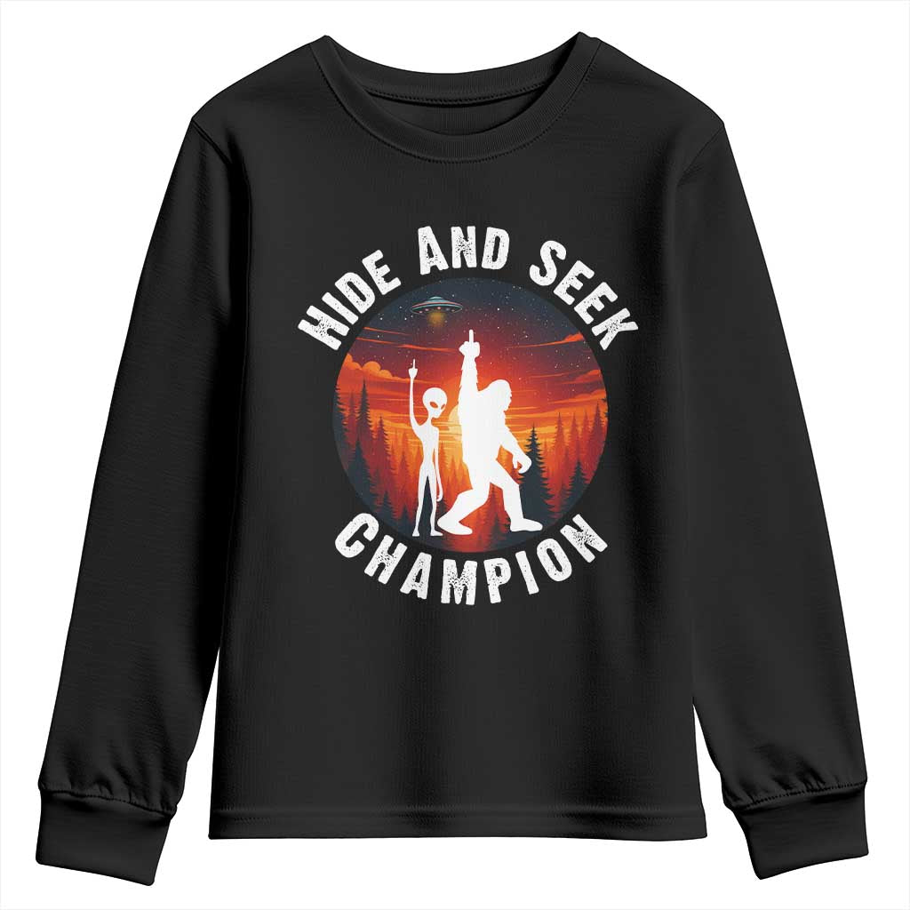 Hide And Seek Champion Youth Sweatshirt Funny Bigfoot And Alien Lover Gift TS12 Black Print Your Wear