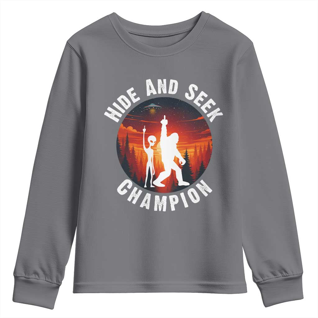 Hide And Seek Champion Youth Sweatshirt Funny Bigfoot And Alien Lover Gift TS12 Charcoal Print Your Wear