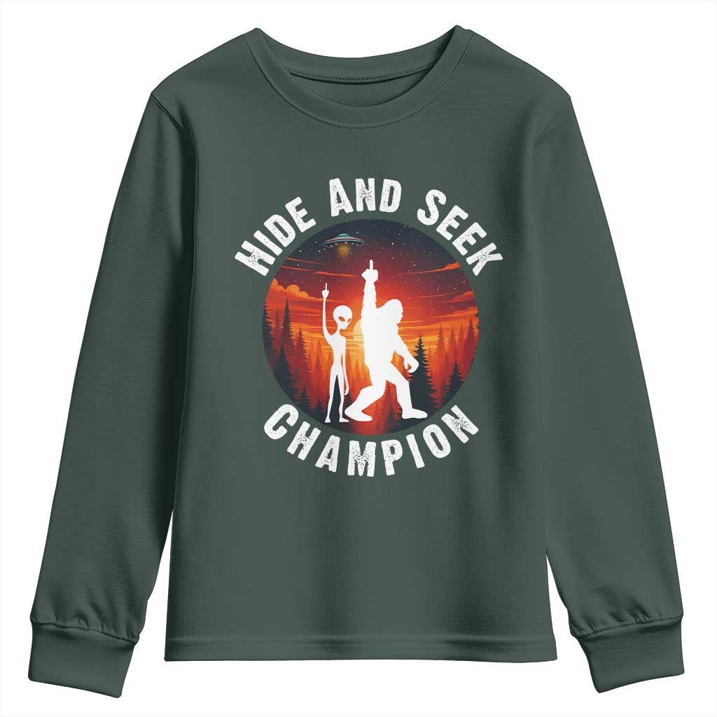Hide And Seek Champion Youth Sweatshirt Funny Bigfoot And Alien Lover Gift TS12 Dark Forest Green Print Your Wear