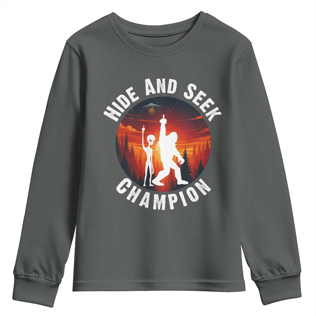 Hide And Seek Champion Youth Sweatshirt Funny Bigfoot And Alien Lover Gift TS12 Dark Heather Print Your Wear