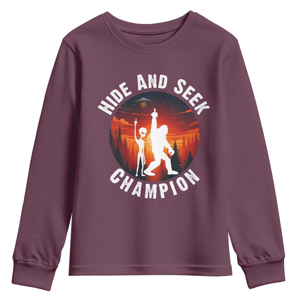 Hide And Seek Champion Youth Sweatshirt Funny Bigfoot And Alien Lover Gift TS12 Maroon Print Your Wear