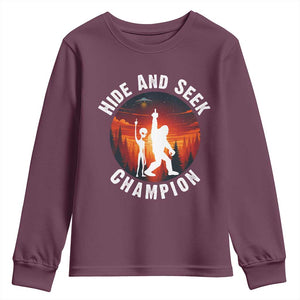 Hide And Seek Champion Youth Sweatshirt Funny Bigfoot And Alien Lover Gift TS12 Maroon Print Your Wear