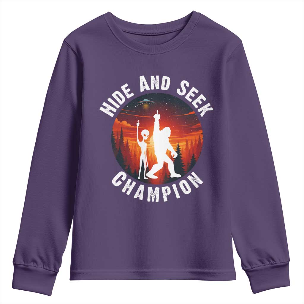 Hide And Seek Champion Youth Sweatshirt Funny Bigfoot And Alien Lover Gift TS12 Purple Print Your Wear