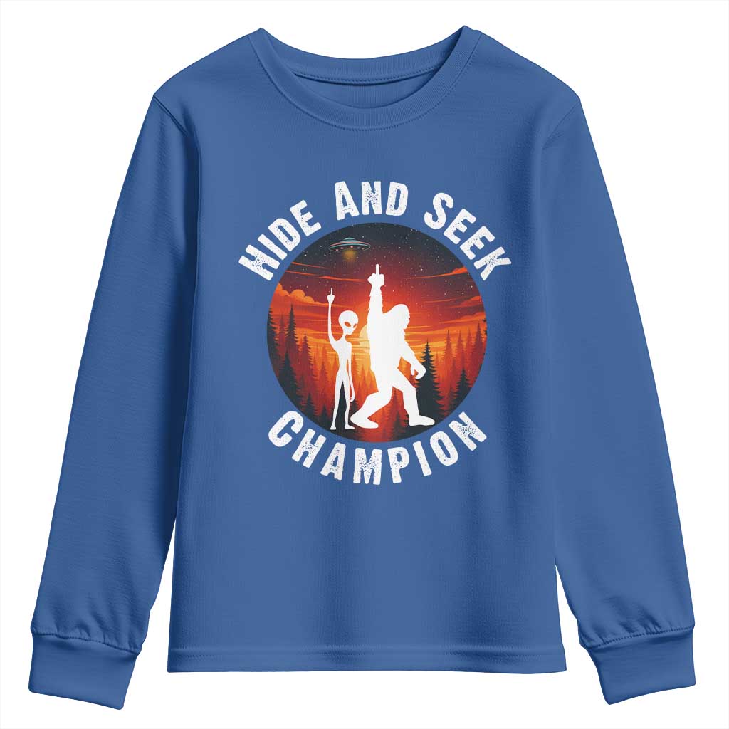 Hide And Seek Champion Youth Sweatshirt Funny Bigfoot And Alien Lover Gift TS12 Royal Blue Print Your Wear