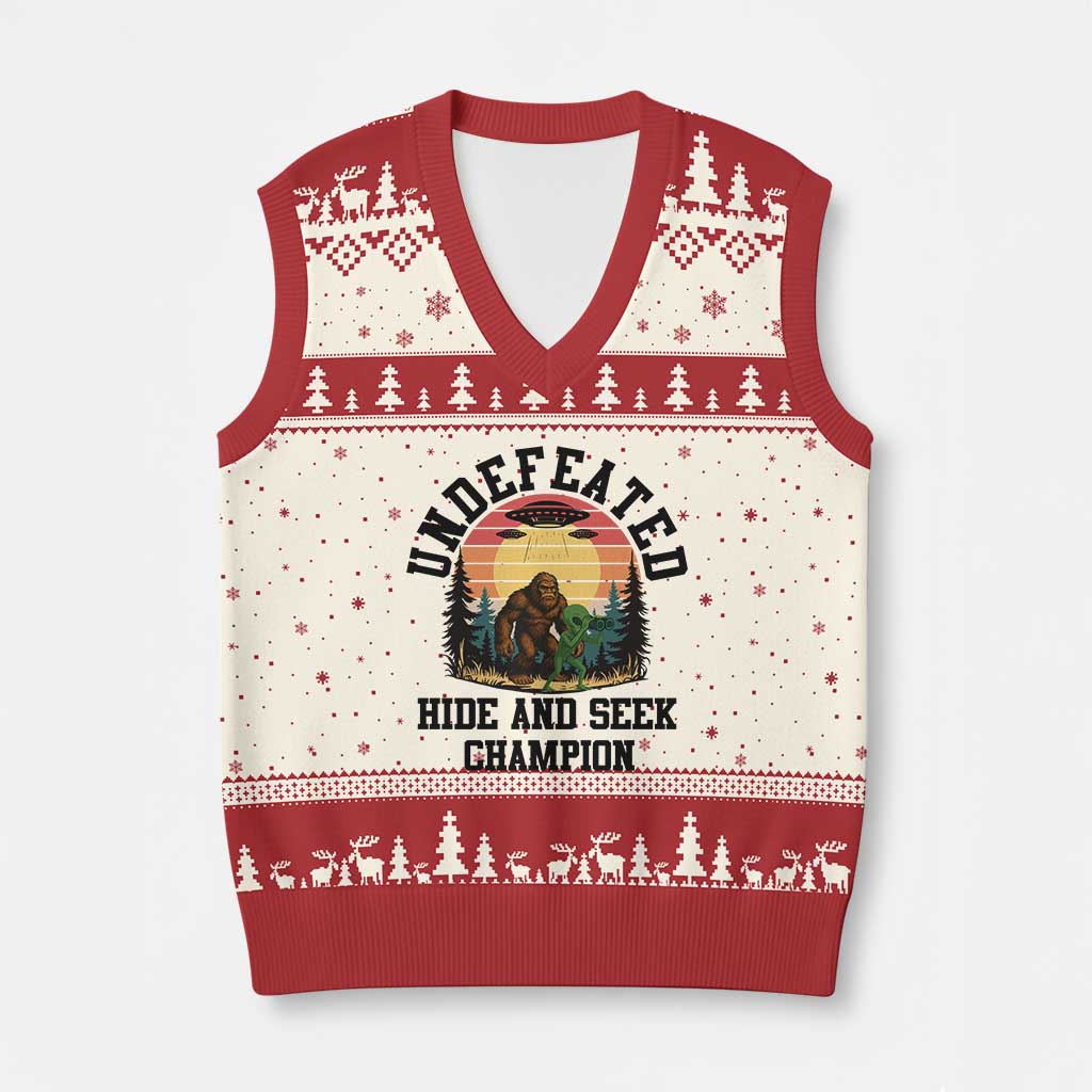 Funny Bigfoot And Alien Gift V-Neck Knit Sweater Vest Undefeated Hide And Seek Champion TS12 Beige Red Print Your Wear
