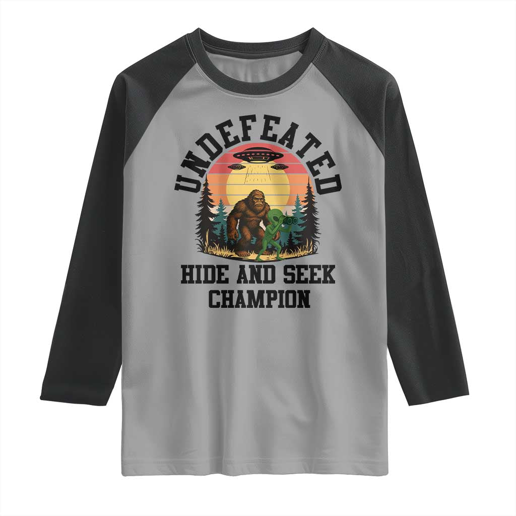 Funny Bigfoot And Alien Gift Raglan Shirt Undefeated Hide And Seek Champion TS12 Sport Gray Black Print Your Wear