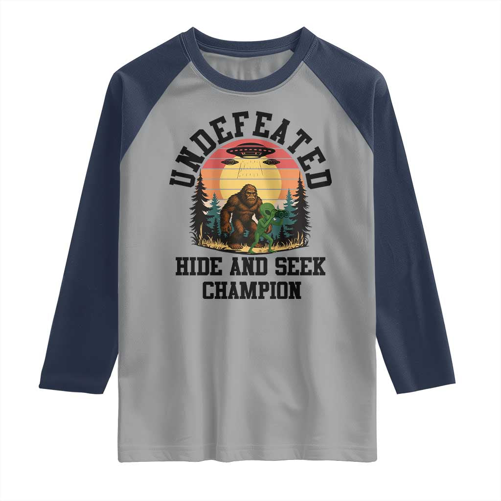 Funny Bigfoot And Alien Gift Raglan Shirt Undefeated Hide And Seek Champion TS12 Sport Gray Navy Print Your Wear