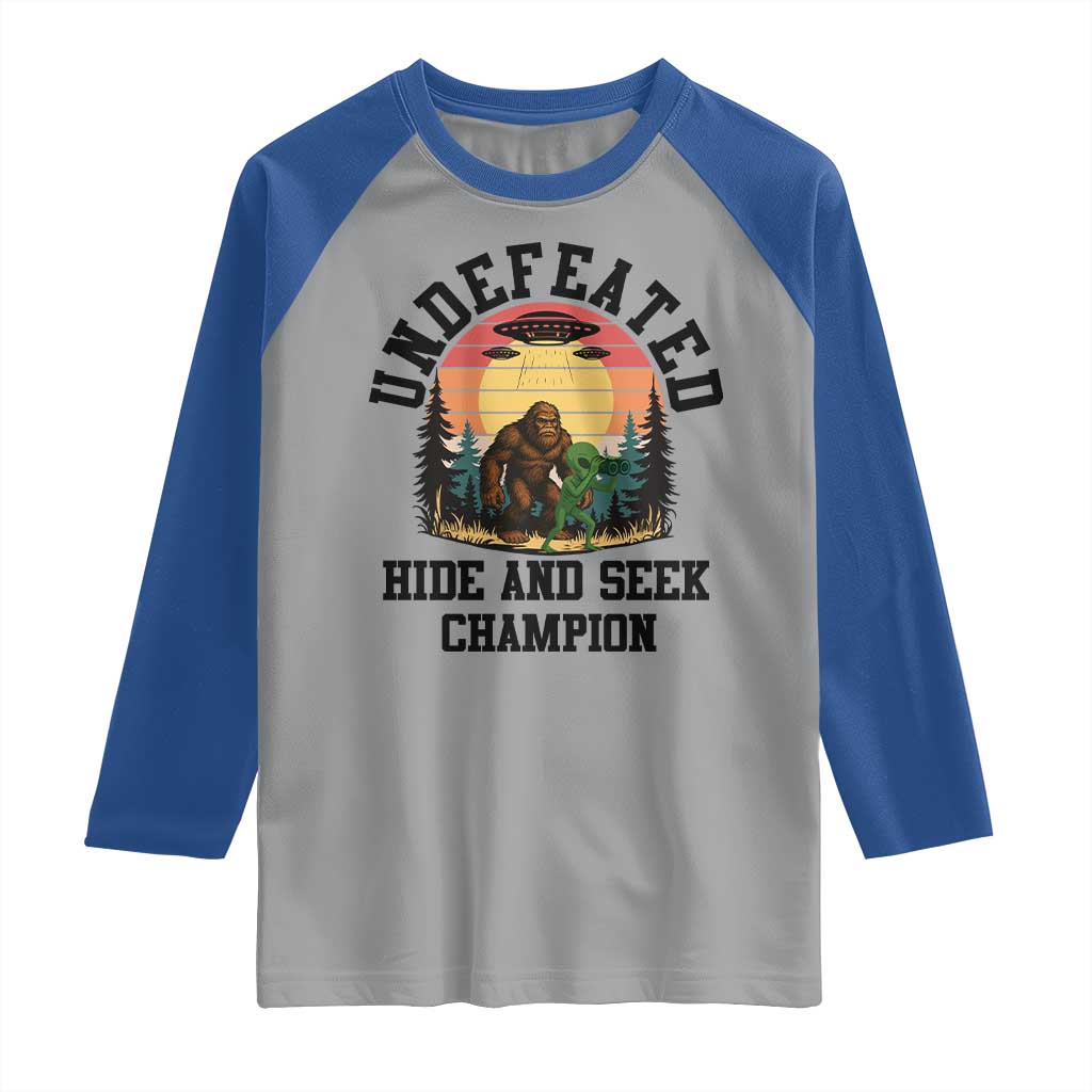 Funny Bigfoot And Alien Gift Raglan Shirt Undefeated Hide And Seek Champion TS12 Sport Gray Royal Print Your Wear