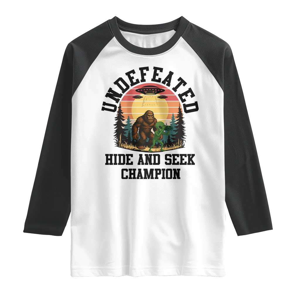 Funny Bigfoot And Alien Gift Raglan Shirt Undefeated Hide And Seek Champion TS12 White Black Print Your Wear