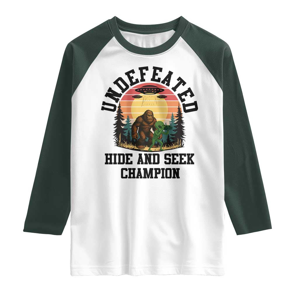 Funny Bigfoot And Alien Gift Raglan Shirt Undefeated Hide And Seek Champion TS12 White Dark Forest Green Print Your Wear