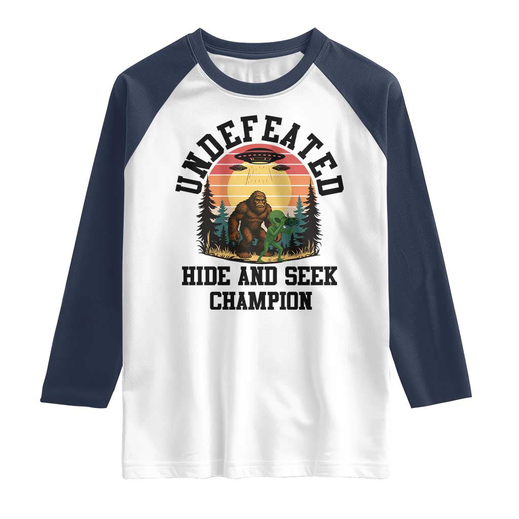 Funny Bigfoot And Alien Gift Raglan Shirt Undefeated Hide And Seek Champion TS12 White Navy Print Your Wear