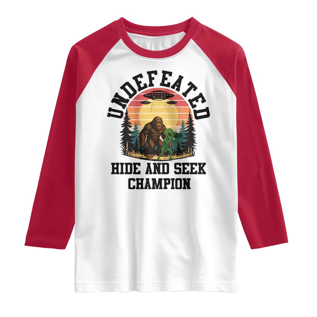 Funny Bigfoot And Alien Gift Raglan Shirt Undefeated Hide And Seek Champion TS12 White Red Print Your Wear