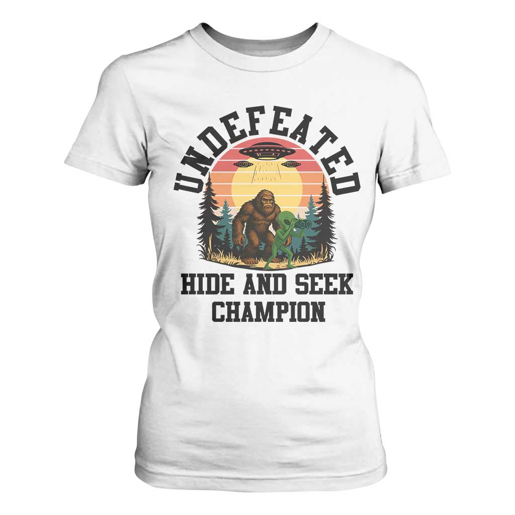 Funny Bigfoot And Alien Gift T Shirt For Women Undefeated Hide And Seek Champion TS12 White Print Your Wear