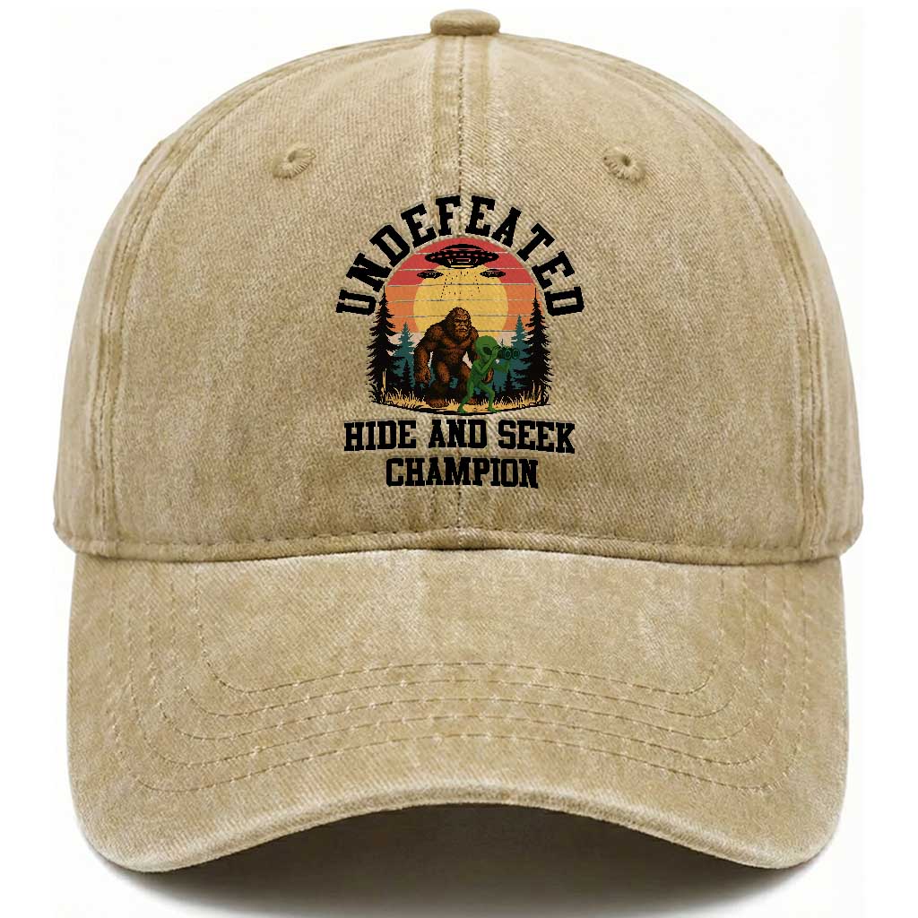 Funny Bigfoot And Alien Gift Washed Cotton Baseball Cap Undefeated Hide And Seek Champion TS12 Washed Cap Universal Fit Khaki Print Your Wear