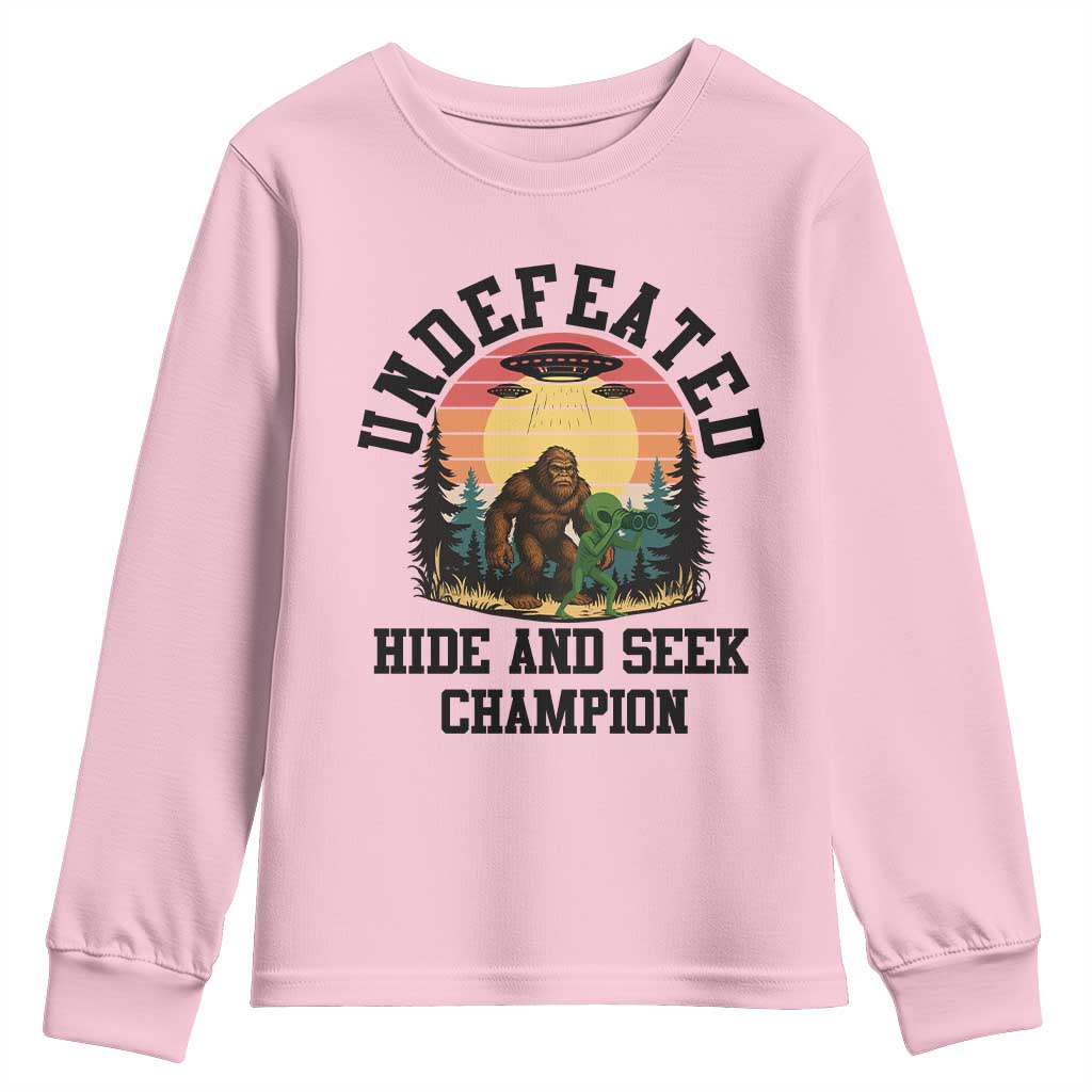 Funny Bigfoot And Alien Gift Youth Sweatshirt Undefeated Hide And Seek Champion TS12 Light Pink Print Your Wear