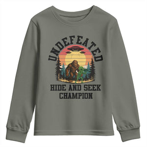 Funny Bigfoot And Alien Gift Youth Sweatshirt Undefeated Hide And Seek Champion TS12 Military Green Print Your Wear