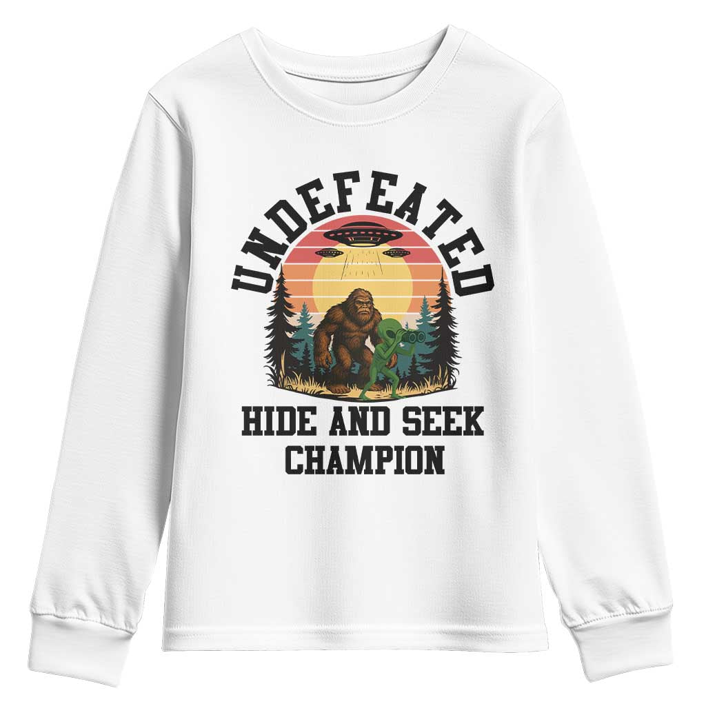 Funny Bigfoot And Alien Gift Youth Sweatshirt Undefeated Hide And Seek Champion TS12 White Print Your Wear