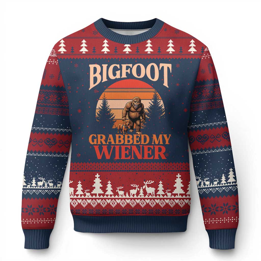 Bigfoot Grabbed My Wiener Ugly Christmas Sweater Funny Dachshund Lover Gift TS12 Navy Red Print Your Wear