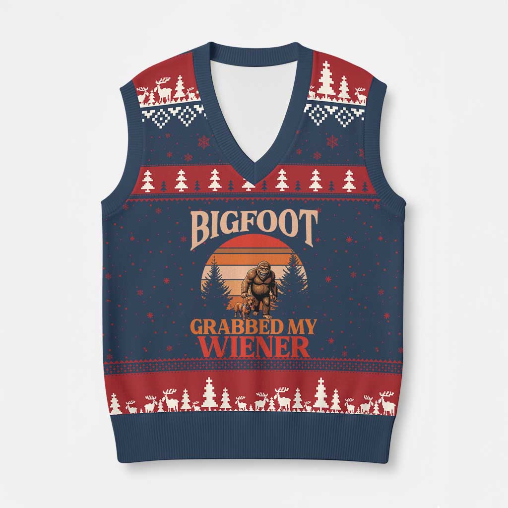Bigfoot Grabbed My Wiener V-Neck Knit Sweater Vest Funny Dachshund Lover Gift TS12 Navy Red Print Your Wear