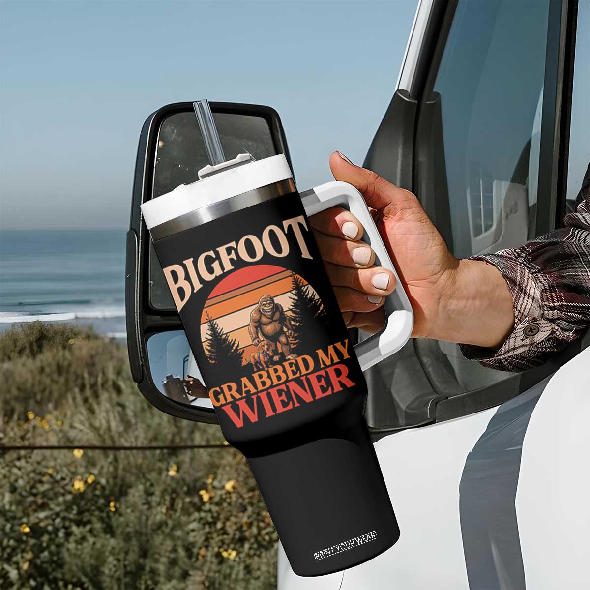 Bigfoot Grabbed My Wiener Tumbler With Handle Funny Dachshund Lover Gift TS12 Print Your Wear